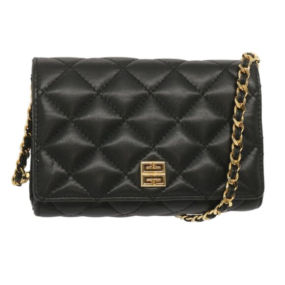 GIVENCHY Quilted Chain Shoulder Bag Leather Black Auth